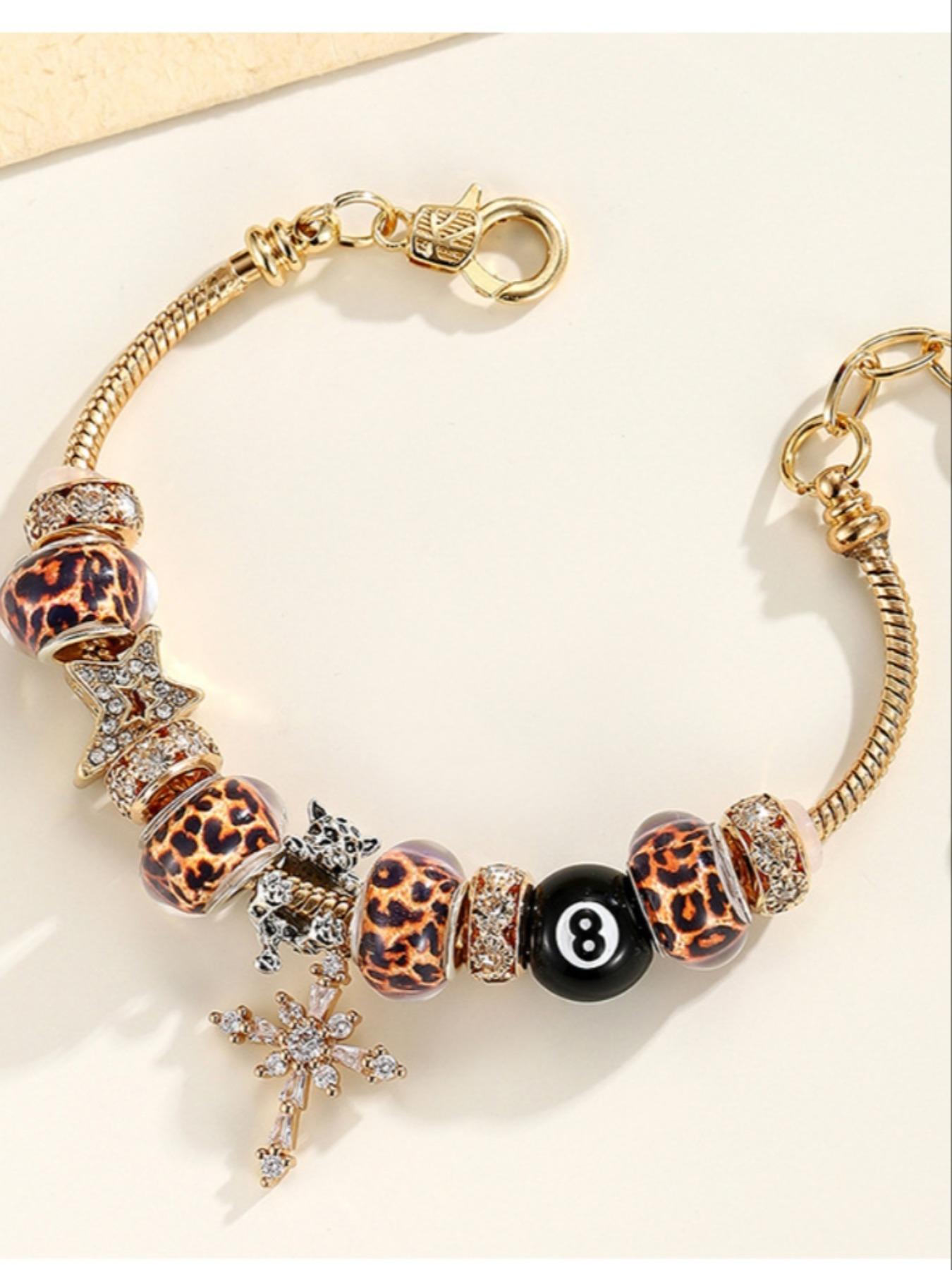 Stainless Steel Zircon Adjustable Beaded Bracelet - Gold Star, Leopard Print, Cross & Black 8 Bead Charm Chain,Couple's Daily Wear ,Meaningful Gift Choice , Guardian-Themed Layering Accessory, Stackable Bracelet