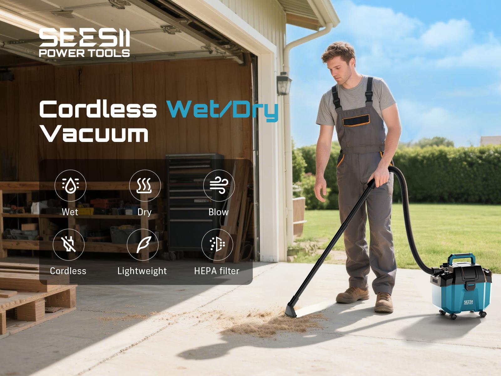 [Seesii] Cordless Vacuum Wet&Dry, 2.6Gal 2-Speed Portable Shop Vac with Blower, 3-in-1 Cordless Vacuum Cleaner with Strap, 4 Wheels and Attachments, Ideal for Garage/Car/Workshop/House，FathersDayGift