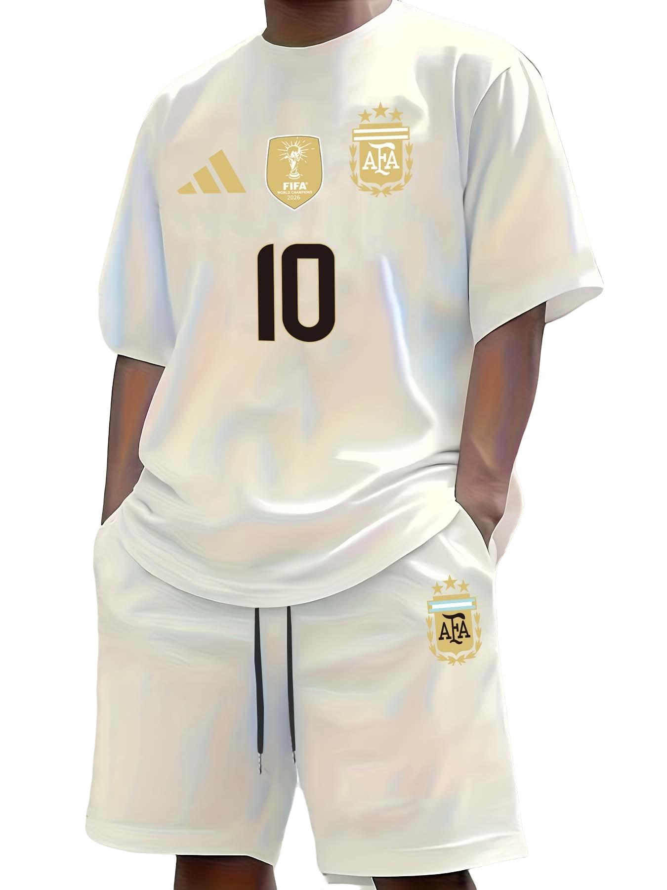 Men's Argentina #10 Messi 2 Piece, World Cup Champions Graphic T-Shirt & Shorts, Sporty Casual Soccer Fan Gear for Summer