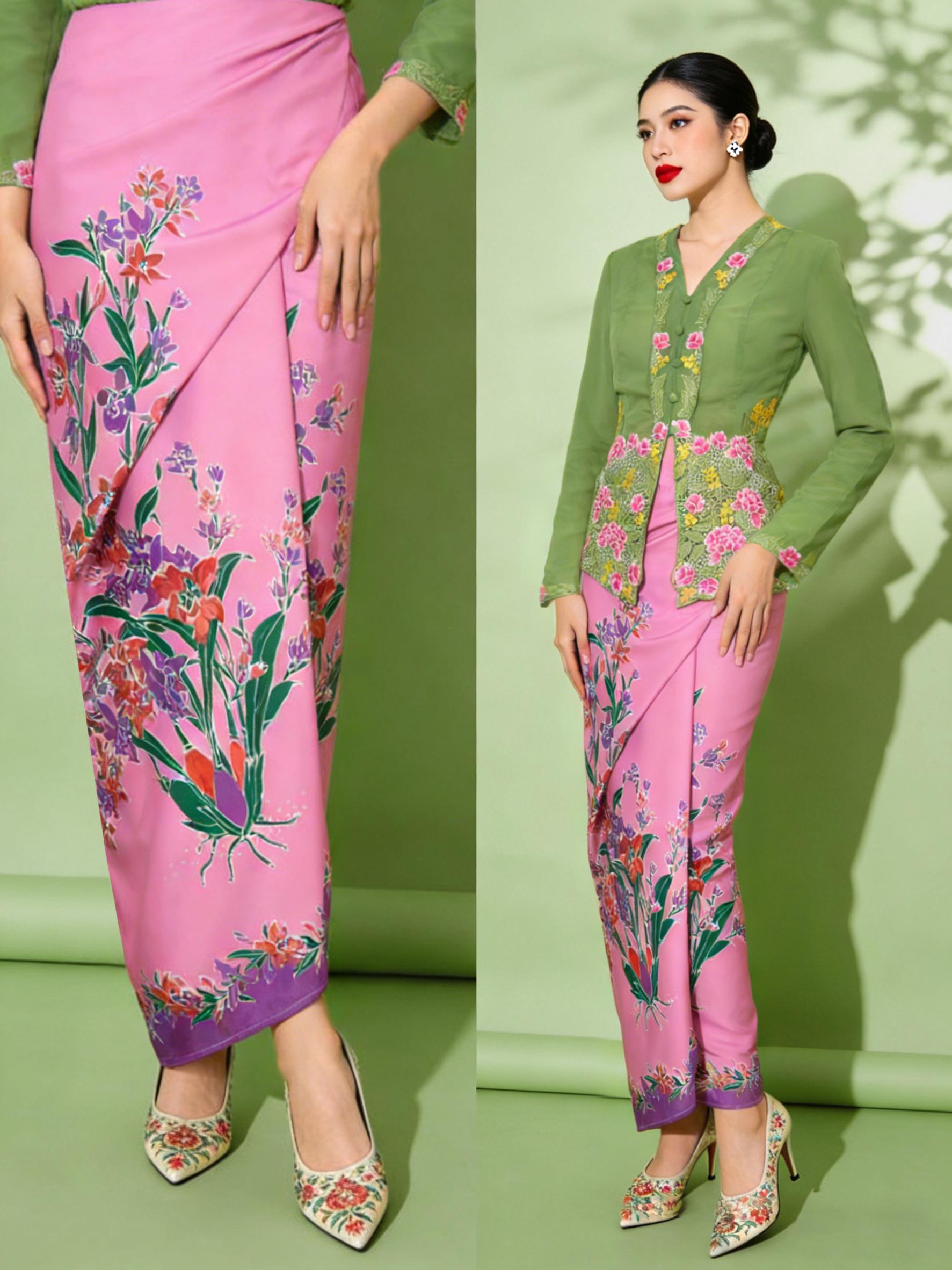 Modern kebaya, women's midi skirt, wrap dress, sarung women's style, Hari Raya Haji 2026, modern baju kurung, festive clothing, engagement festive clothing. Slim cut that accentuates the waist, suitable for women to wear.