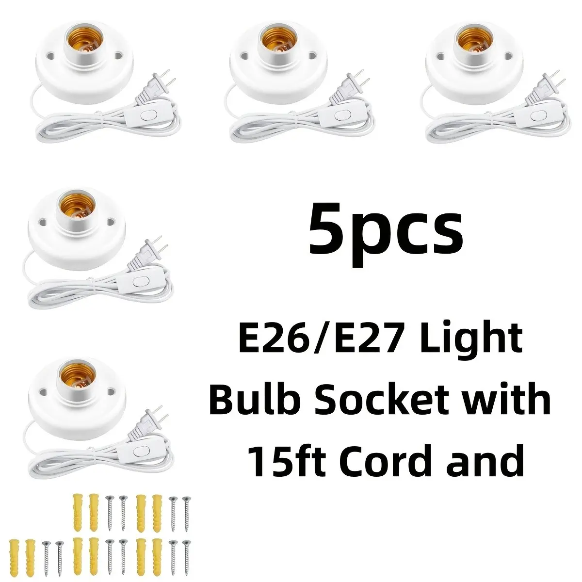 5pcs Durable White E26/E27 Socket Hanging Extension Cord with Switch, 15Ft Length for Lighting Fixtures, Light Bulb Socket, Plug in Light Socket, Light Bulb Extension Socket, Lamp Base