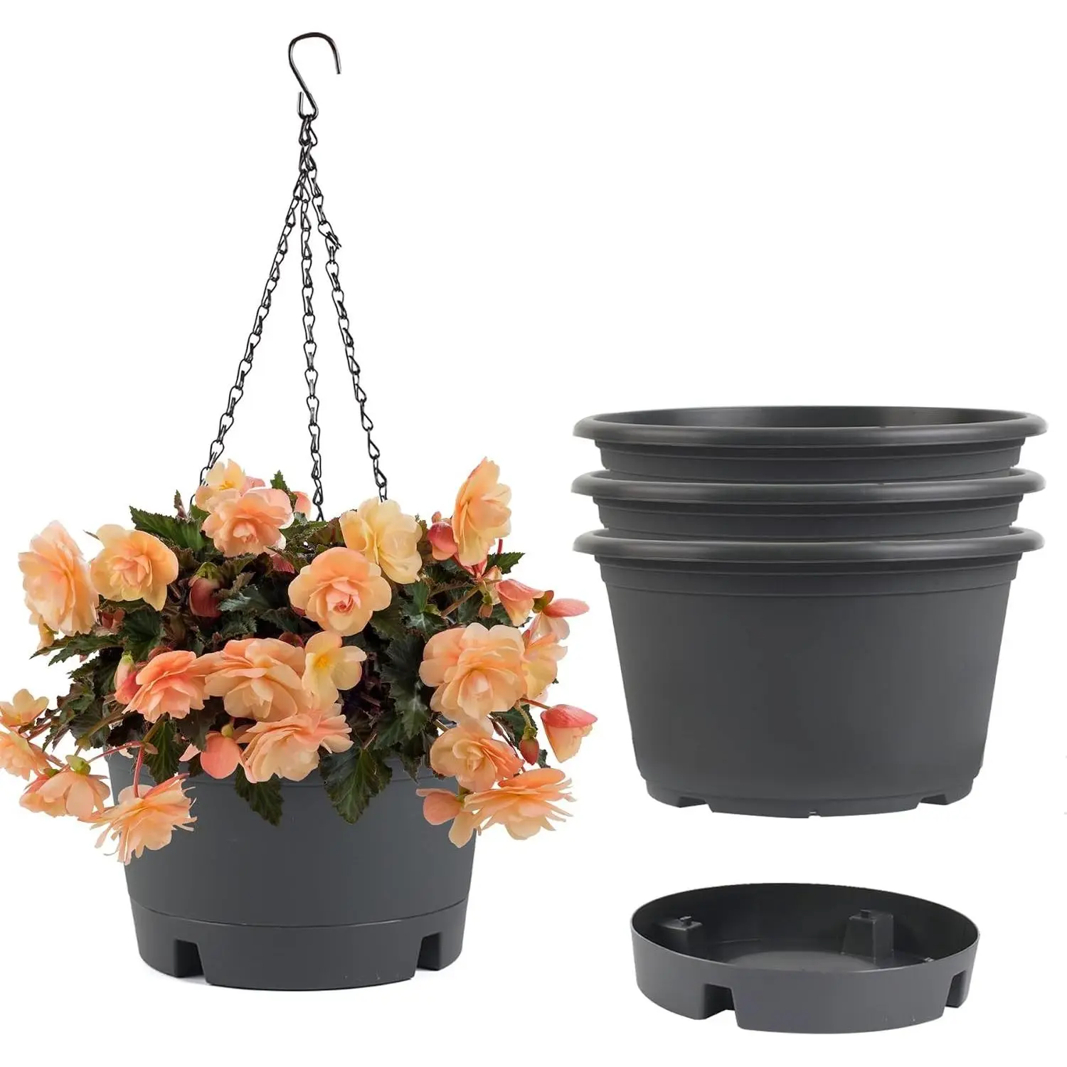 4 Pack 10 inch Baskets for Plants Outdoor with Removable Tray & 15.7" Chain | Hanging Planters for Indoor Plants, Round Plastic Hanging Flower Pots for Home Garden Porch Balcony Patio Decor (Grey)