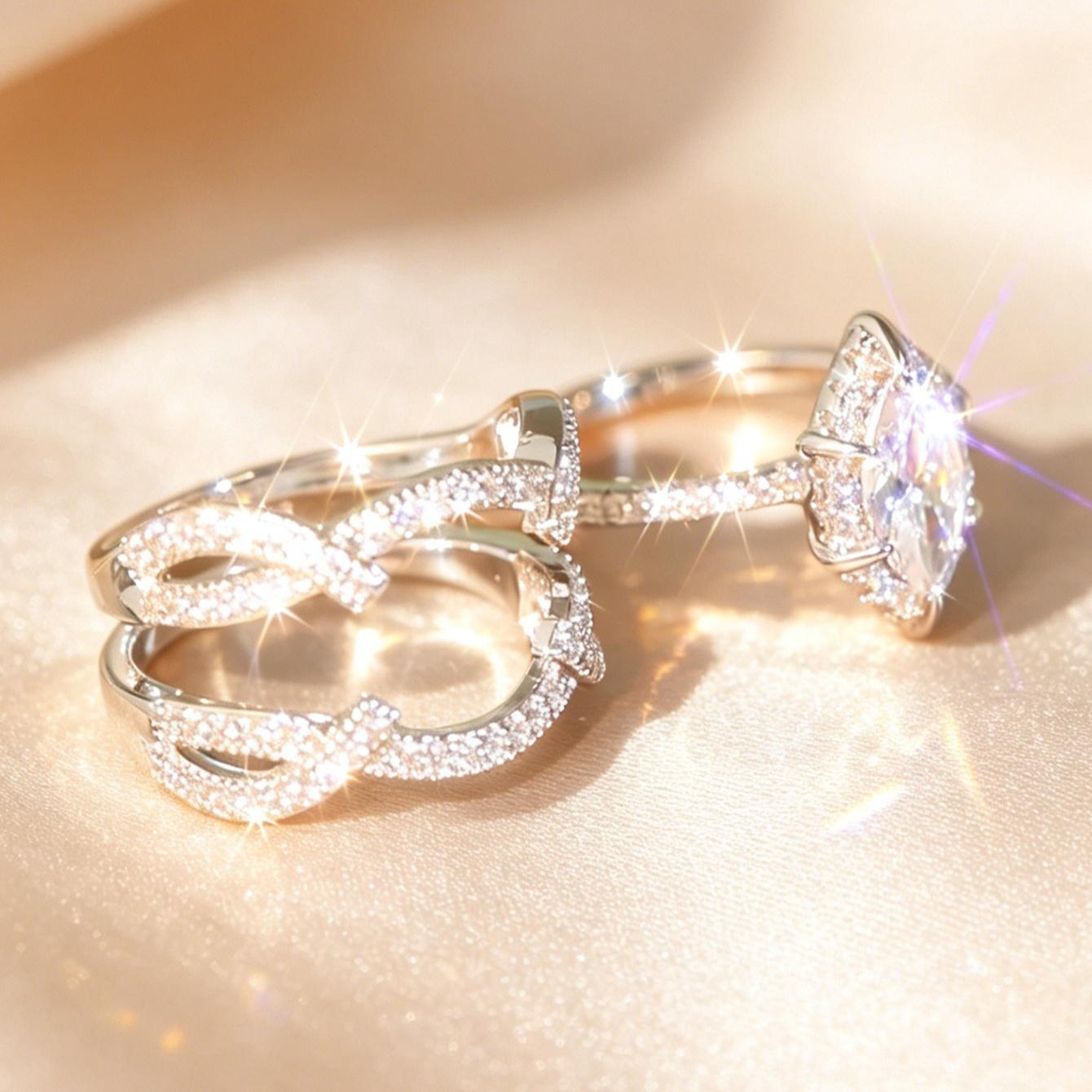 2pcs Stackable Marquise Cubic Zirconia Ring Set - Vintage Infinity Design with Pave Accents, Ideal for Bridal & Formal Occasions