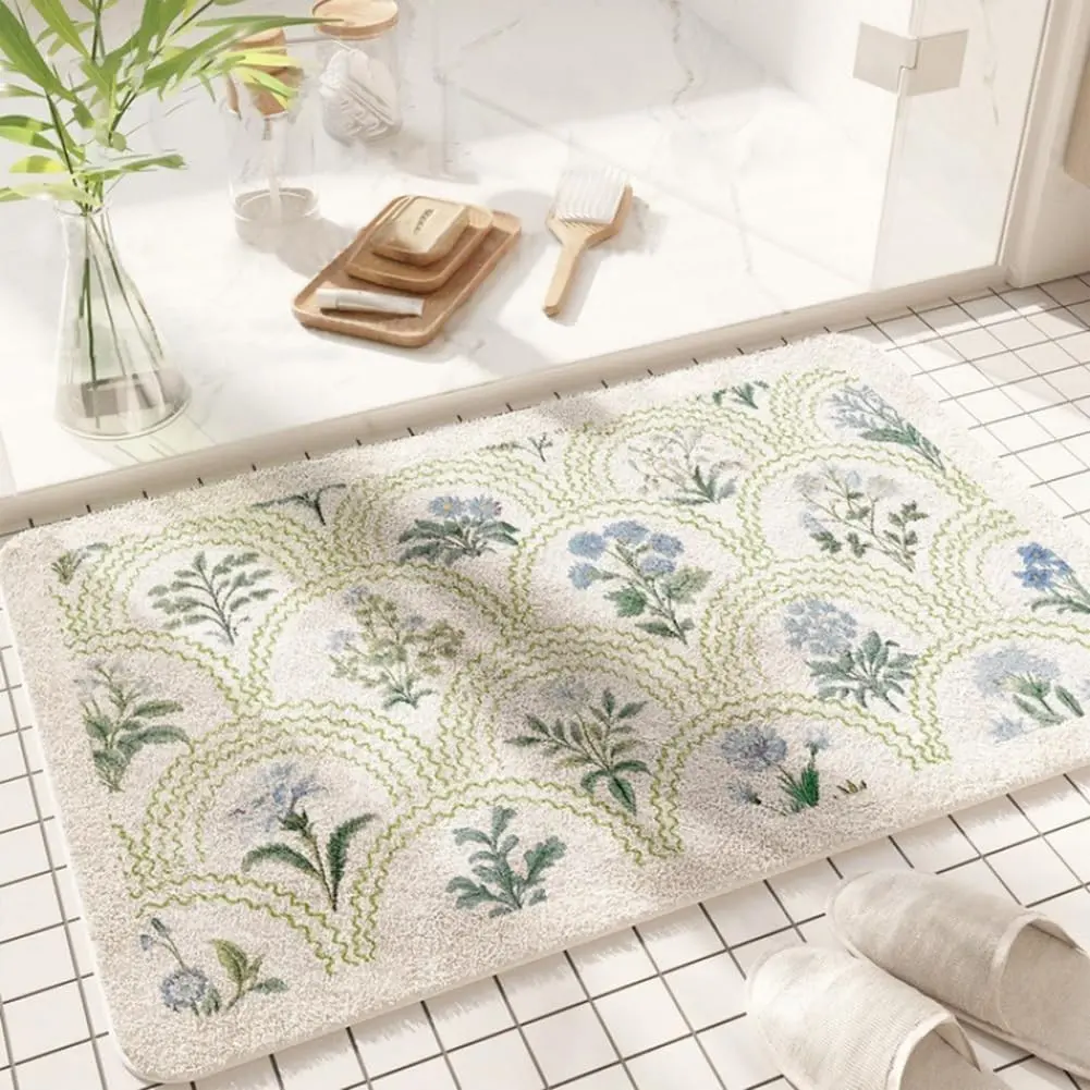 Spring Floral Bathroom Rug 32" x 20" Wild Flowers Bathroom Mat Boho Floral Bath Rug (Rectangular, Green)