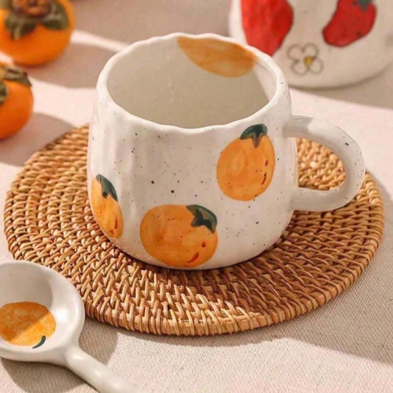 Hand-Drawn Fruit Pattern Ceramic Coffee Mug, Perfect Gift for Home Office Activities Christmas Birthdays, Unique Artistic Design, Ceramic Mugs
