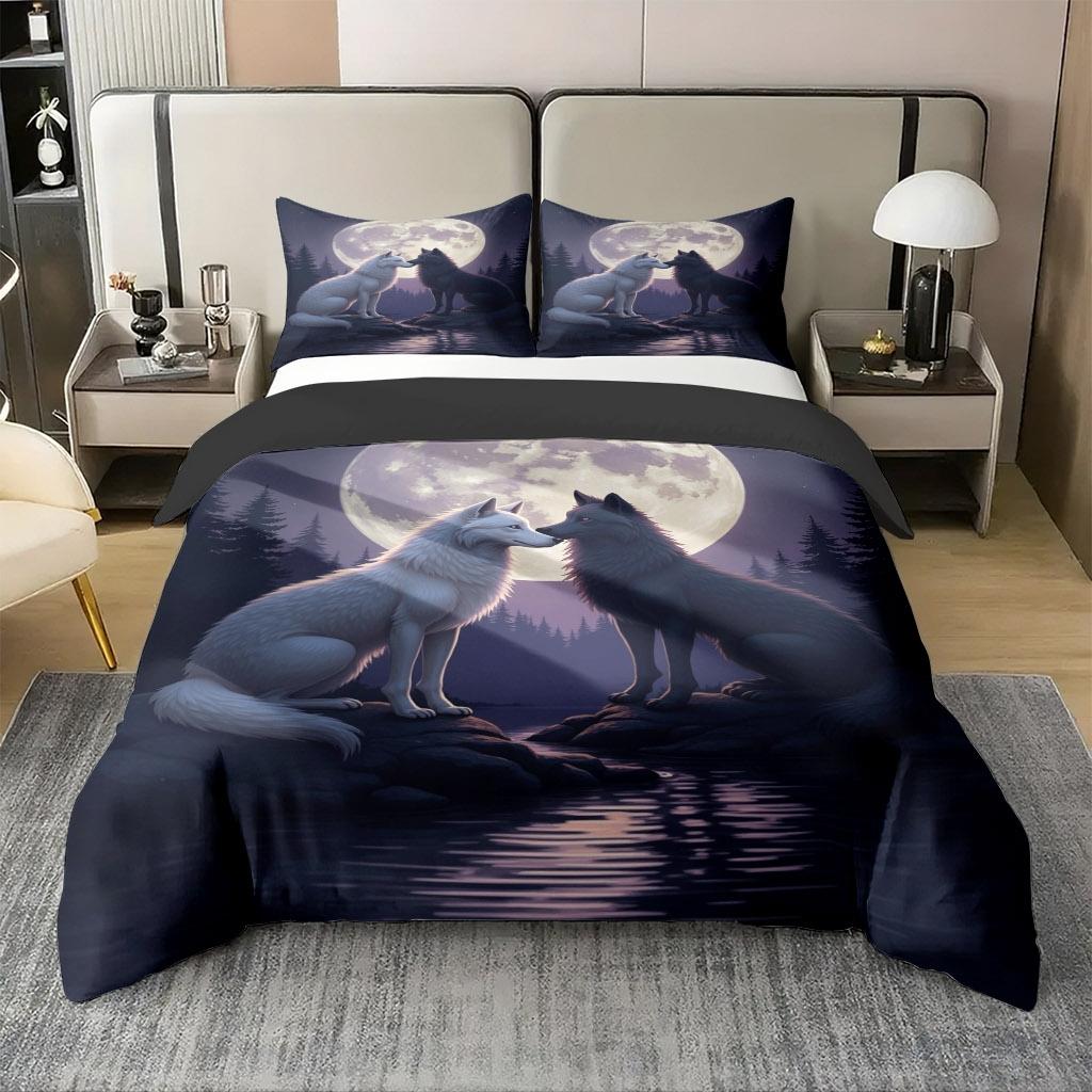 2/3 Pcs Wolf Shadow Theme Pattern Bedding Decorative Duvet Cover Set Under Moonlit Night (1* Duvet Cover +1/2* Pillowcase, Core-free), Machine Washable, Zipper Seal, Multiple Sizes Suitable For All Seasons, Suitable For Bedrooms,guest Rooms