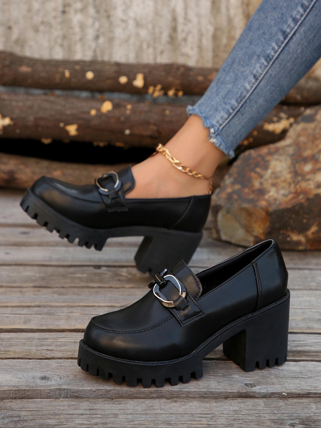 Women's Fashion Elegant Classic High Heels, Chunky Pumps, Metal Decor Faux Fur Design, Stage Style Thick Sole Punk Shoes, All Season Wedding Comfortable Wear