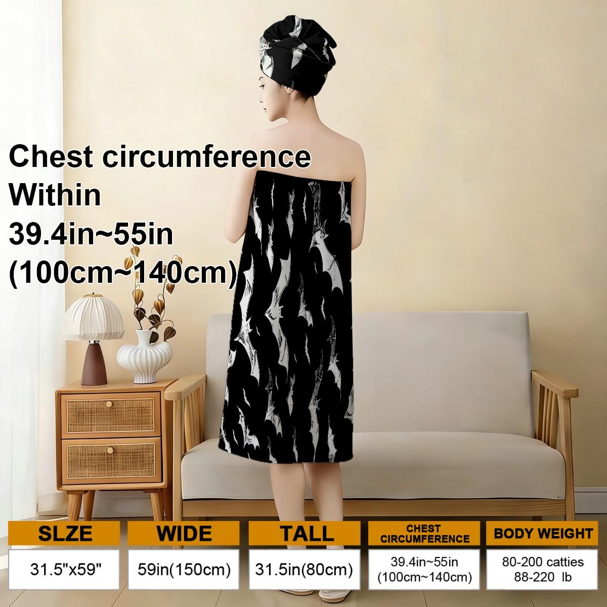 2 Pcs Halloween Bat Print Bath Skirt Set, Premium Towel Set, Non-Slip Absorbent Wearable Towel, Sizes M‑XXXXL, Ideal for Spa, Beach, Festive Events