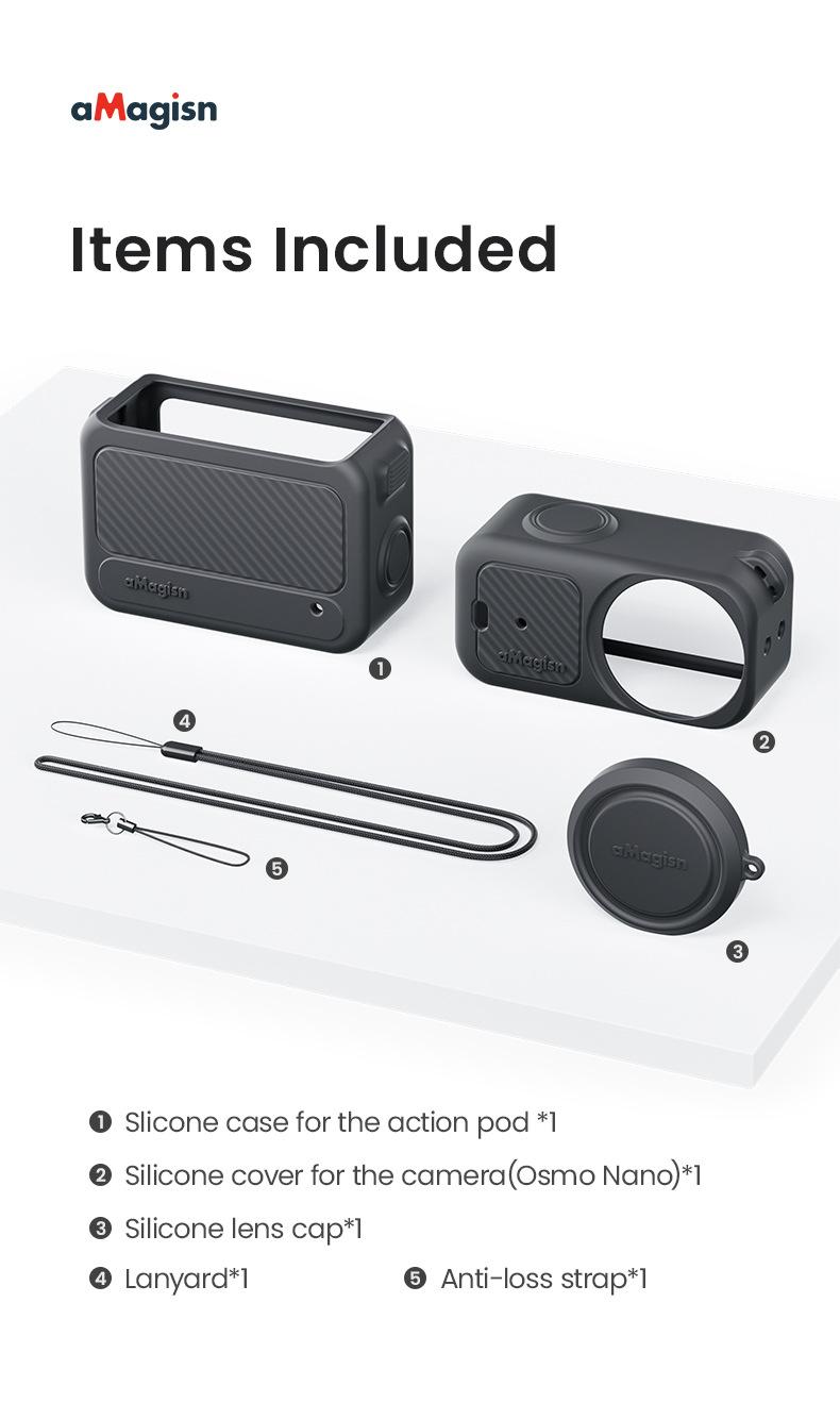 for Osmo Nano Silicone Protective Case, Black/Pink/Grey, Perfect Camera Accessories for Holiday Travel and Outdoor Sport, Camera Screen and Lens Protector | Convenient Installation | Full Protection | Free Lens Cap Anti-Lost Lanyard & Wrist Strap