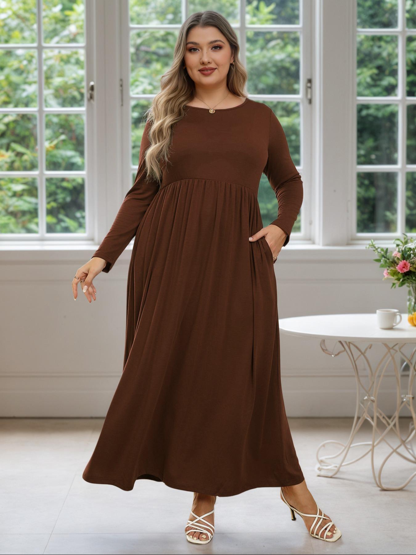 Women's Round Neck Stretchy Casual Maxi Long Plus Size Dress, Perfect for Bridesmaids, Vintage Style Wedding & Party Wear, Comfortable Fabric