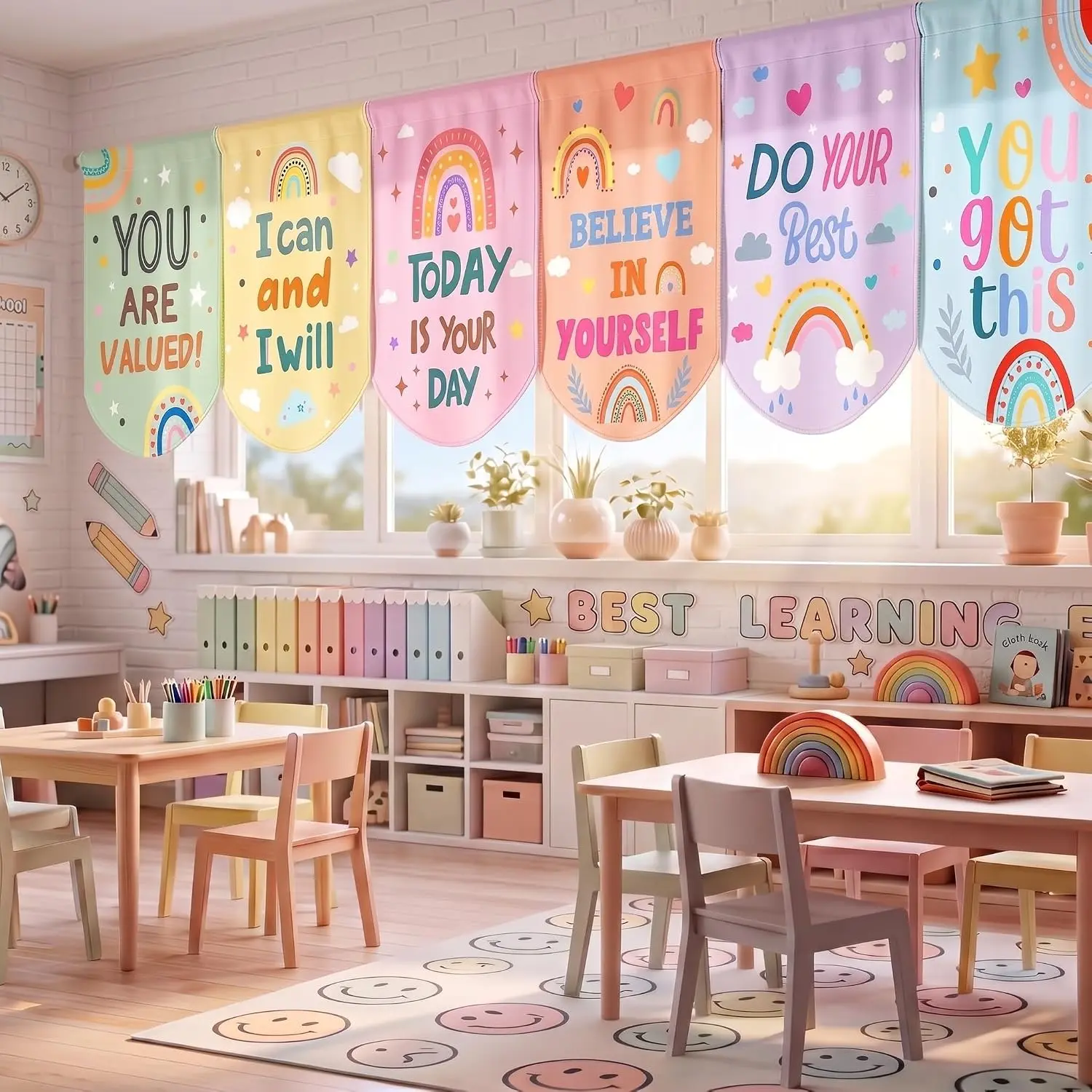 6 Pcs Pastel Classroom Curtains Back to School Window Decor| 36" x 24" Boho Colorful Candy Rainbow Curtains for First Day of School Classroom Kindergarten Daycare Primary Bedroom Decor