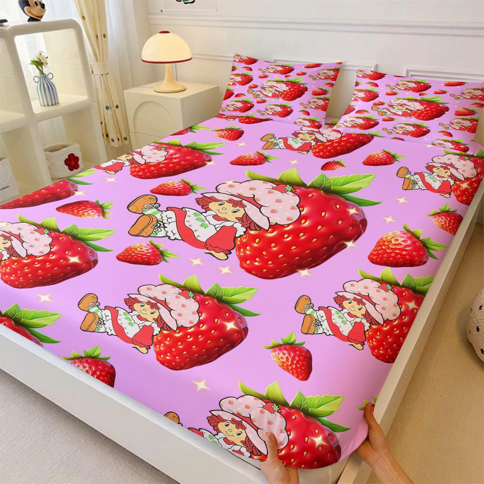 Sparkle Strawberry Shortcake Fitted Sheet Set, 3 Pcs Ultra Soft Wrinkle Resistant Bed Sheets with 360° Snug Fit, Pink Kawaii Strawberry Print Fitted Sheet for Kids Bedroom, Full Size