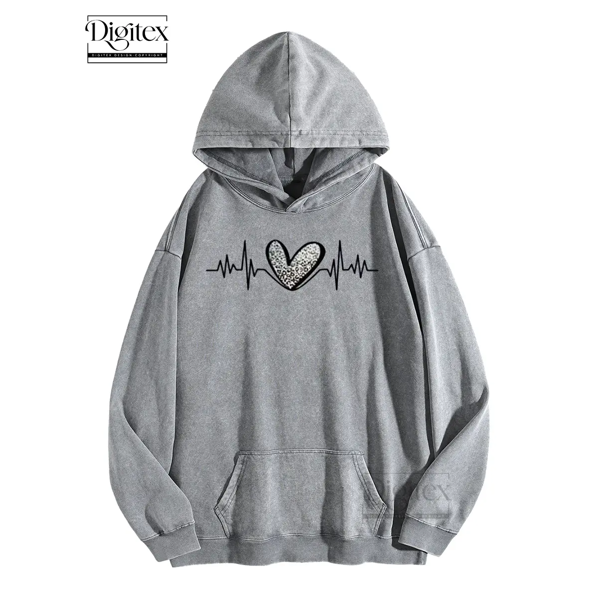 Digitex Unisex Love Style Hoodie, Acid Wash Soft Cotton Loose Pullover, Lovely Leopard Heart & Heartbeat Line Print, Stretch Ribbed Cuffs & Kangaroo Pocket, Warm Versatile Sweatshirt for Daily Autumn Winter Outfits