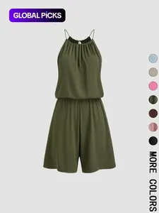 Women's Rib Knit Halter Neck Romper, Drawstring Tie Detail, Adjustable Elastic Waist, Multiple Color Options, Soft Stretchy Breathable Fabric, Casual Daily & Vacation Wear, Minimalist Casual Style