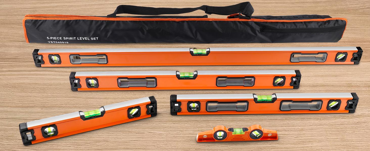5-Piece Spirit Level Set, 10", 16", 24", 32", 48" Level Set with Magnetic Torpedo Level, 45 ° /90 ° /180 ° Bubbles Measuring, Aluminium Alloy Levels with Carrying Bag
