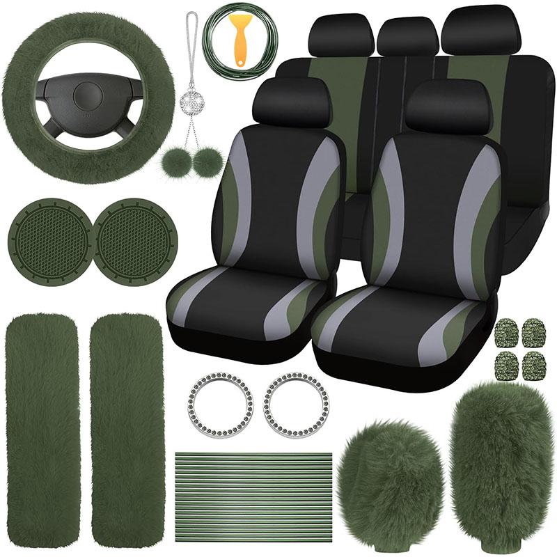 45pcs Car Seat Covers & Interior Accessories Set: Thin Summer Polyester Five-Seat Car Seat Covers, Plush Steering Wheel Cover and Other Ornaments, Suitable for Most Cars and SUVs