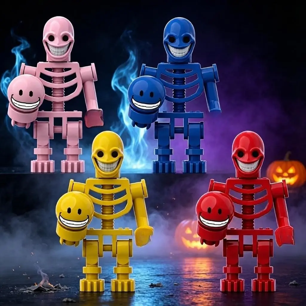4 Pcs Colorful Skeleton Building Minifigures, Moc Halloween Character Bricks, Stem Building Block, Desktop Ornament, Party Favor Gift for Holiday Collection