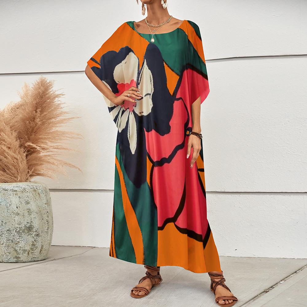 Bsubseach Women Ethnic Print Kaftan Dress ，Plus Size All Over Print  Sleeve TunicDress, Boho Casual V Neck 3/4 Sleeve TunicDress for Women, Women's Plus Cover Up,Mrs. Roper Kaftan ，bubu，mumu，Casual Womenswear Summer Bohemian Tangerine Hibiscus