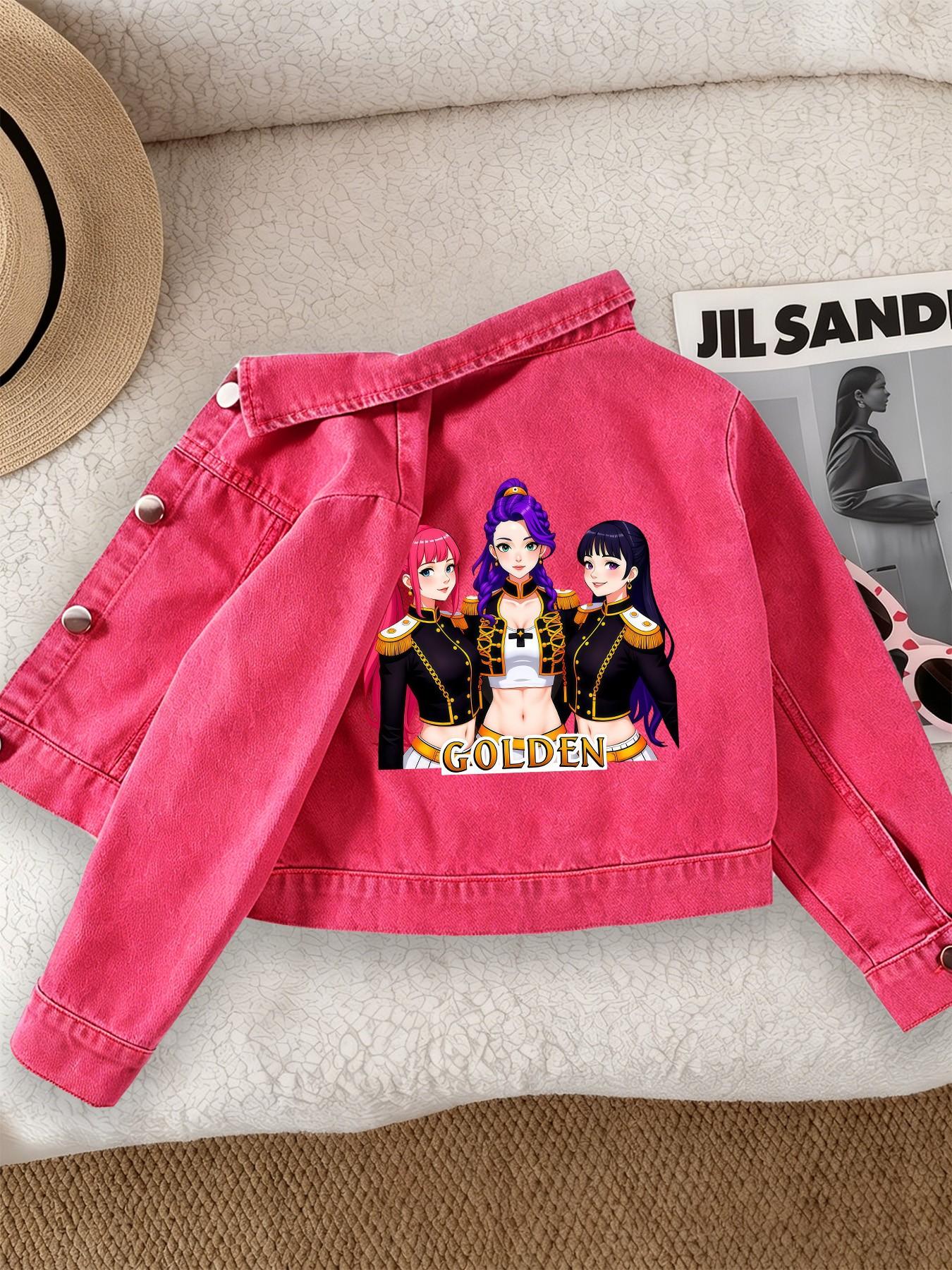 Girls' Casual Fashion Denim Jacket, Sweet Cool Kpop Pattern Print, Comfortable Fit, Suitable for School and Dates, Ages 12 and Under