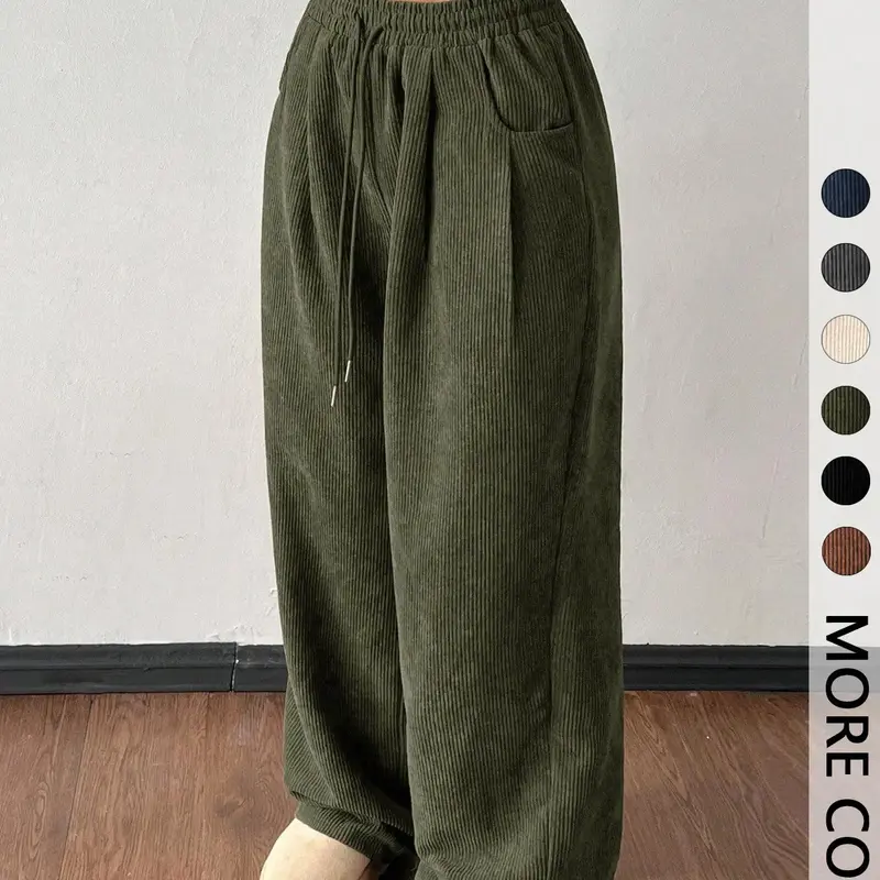 Women's Vintage Corduroy Adjustable Drawstring Pants, Loose-Fitting Basic Casual Autumn & Winter Bottoms, Casual Chic Ladies' Textured Long Trousers, Womenswear, Casual Streetwear Trousers, Casual Fashion Pants