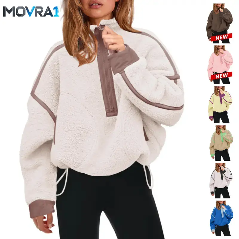 MOVRA1 JovenPara Women's Loose-Fitting Half-Zip Sherpa Fleece Pullover Hoodie, Longsleeves Polyester Tops with Pockets, Warm Fuzzy Casual Sweatshirt Daily Wear, Casual Comfy Pullover, Casual Streetwear Sweatshirt
