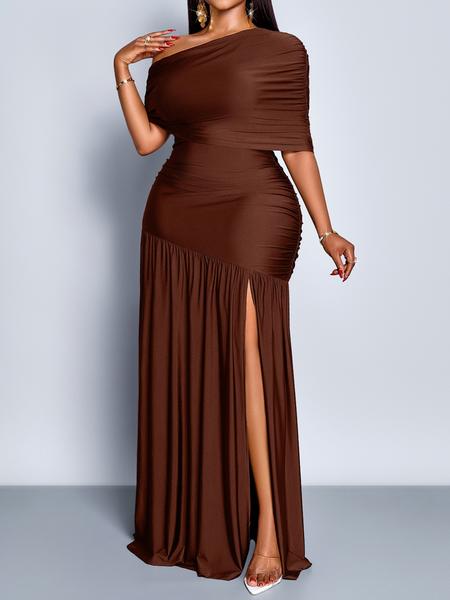 Fashion Party Women Dress Elegant Christmas Robe Solid High Waist Folds Spilt Hem Floor-Length Dresses Half Sleeve Slim Bodycon