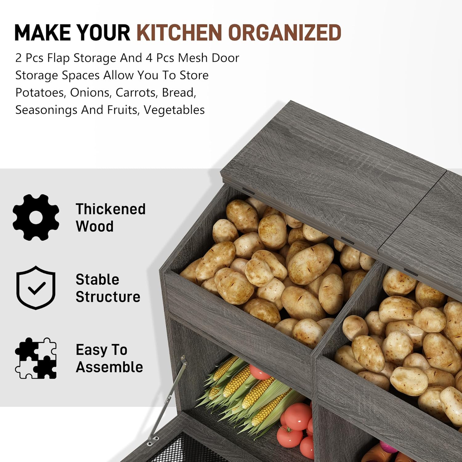 Large Wood Veggie Bin for Potato,Bread,Onion With 6 Large Storage Space. Root Vegetable Storage Box For Kitchen, Farmhouse Wood Potato Box With 4 Mesh Doors,32 * 12.4 * 36 INCH