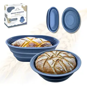 Premium Foldable Silicone Sourdough Banneton Basket | Bread Proofing & Baking Basket Set - Includes Oval & Round Bowls (9.5 Inch) - Oven & Dishwasher Safe, Gifts for Bakers - Blue