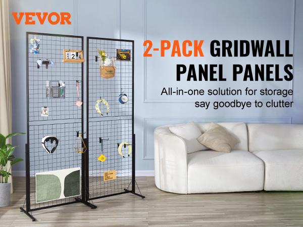 VEVOR 2'x 5.6' Grid Wall Panels Tower, 2 Packs Wire Gridwall Display Racks with T-Base Floorstanding, Double Side Gridwall Panels for Art Craft Shows, Retail Display with Extra Clips and Hooks