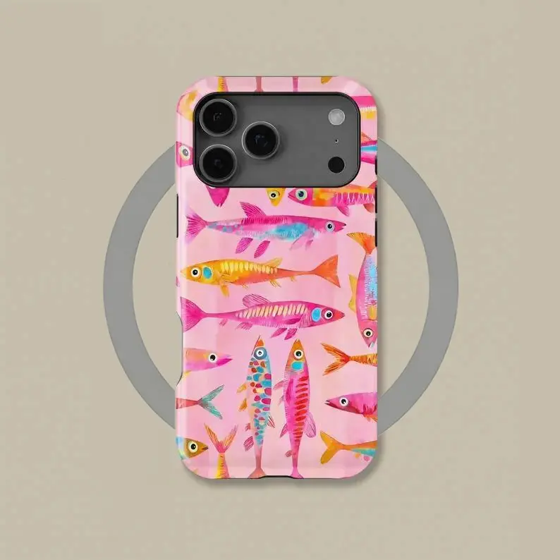 1-Piece Magnetic iPhone Case, Preppy Cartoon Fish & Flower HD Pattern Pink Protective Casing for iPhone 12/13/14/15/16/16e/17 Pro Max Series Mobile Phone Accessory, Iphone Series