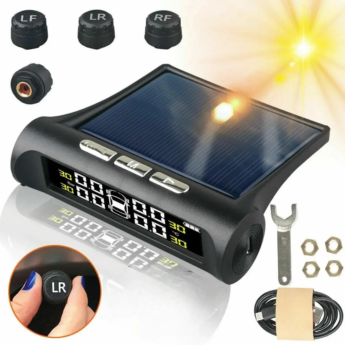 Solar Powered Car Tire Pressure Monitoring System (TPMS) - Digital LCD Display Safety Warning Kit with 4 External Sensors, Universal Auto Tire Diagnostic Tool