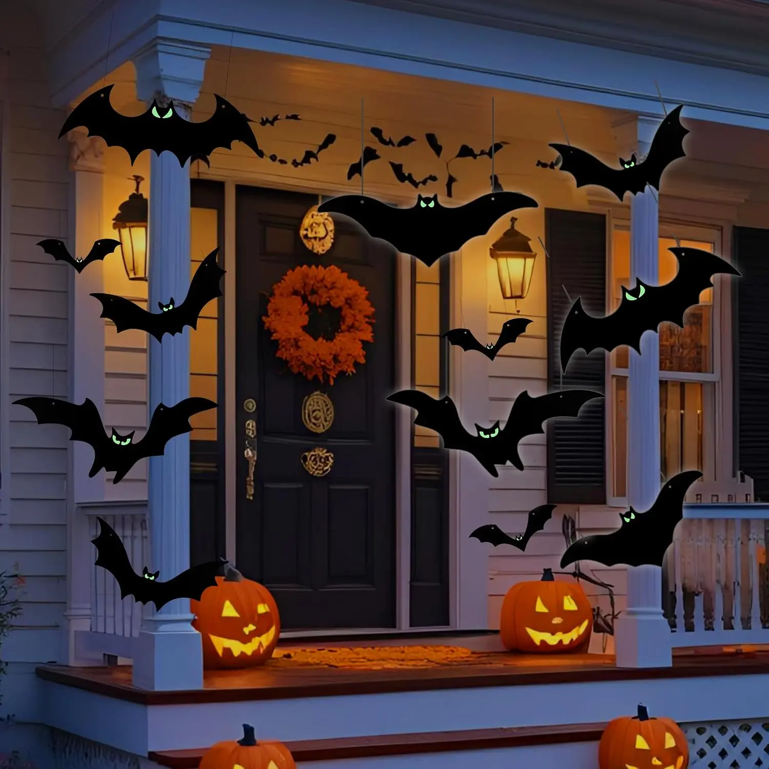 Bats Halloween Decorations Outdoor - 16 Pack Glowing Eyes Large Flying Bats 5 Different Size,  Plastic Realistic Black Bats  in Tree Outside Halloween Decoration for Porch