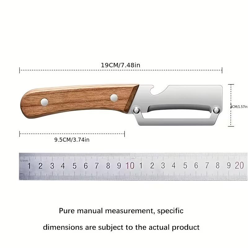 Kitchen Multi-Functional Wooden Handle Stainless Steel Thick Fruit Peeler Knife, Ideal for Sugarcane and Pineapple Peel Tool