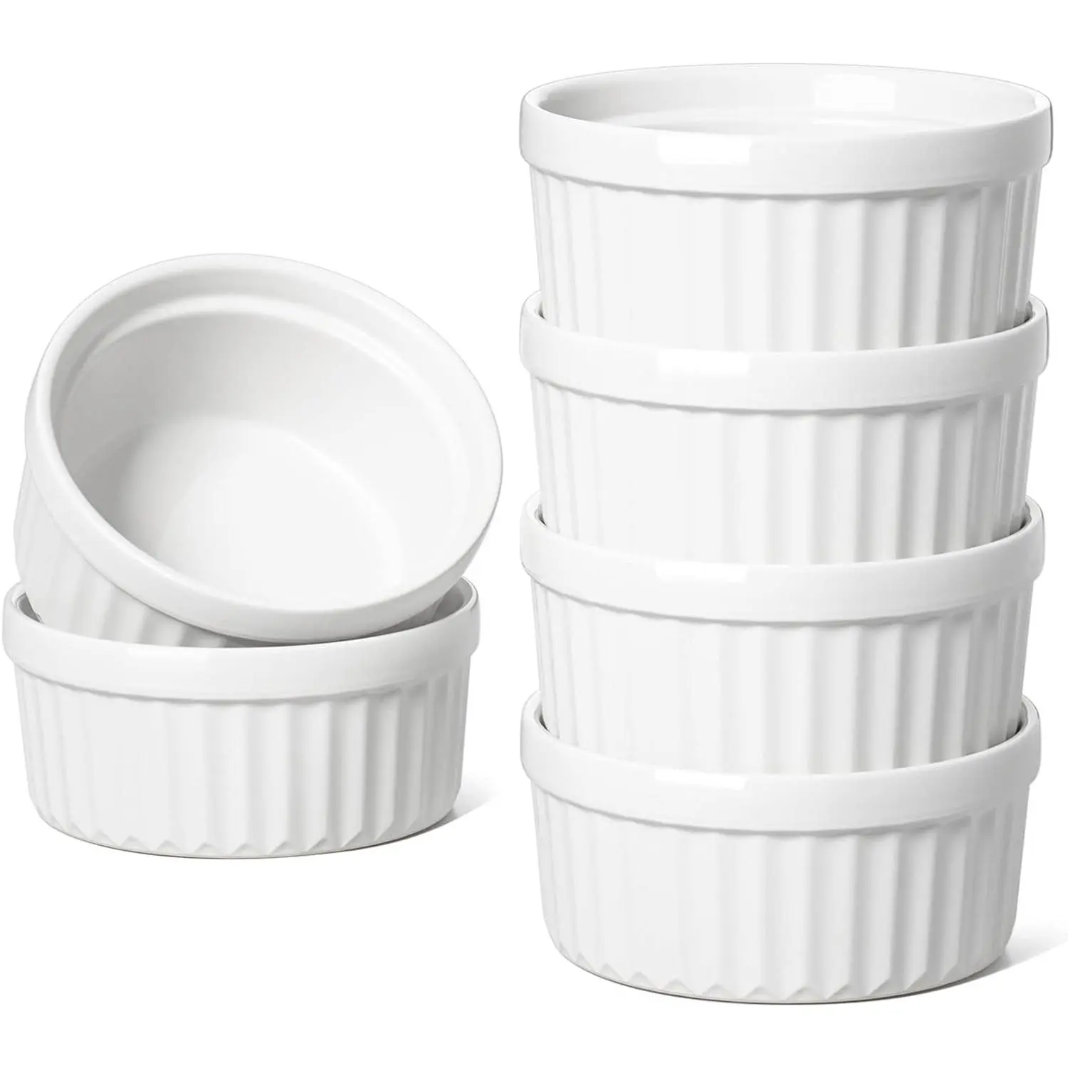 Ramekins 4 OZ Oven Safe, Creme Brue Ramekins, Pudding Custard Cups Souff Ramiken, Dipping Sauce Dishes, Ceramic Ramekin Bowls Set of 6, White