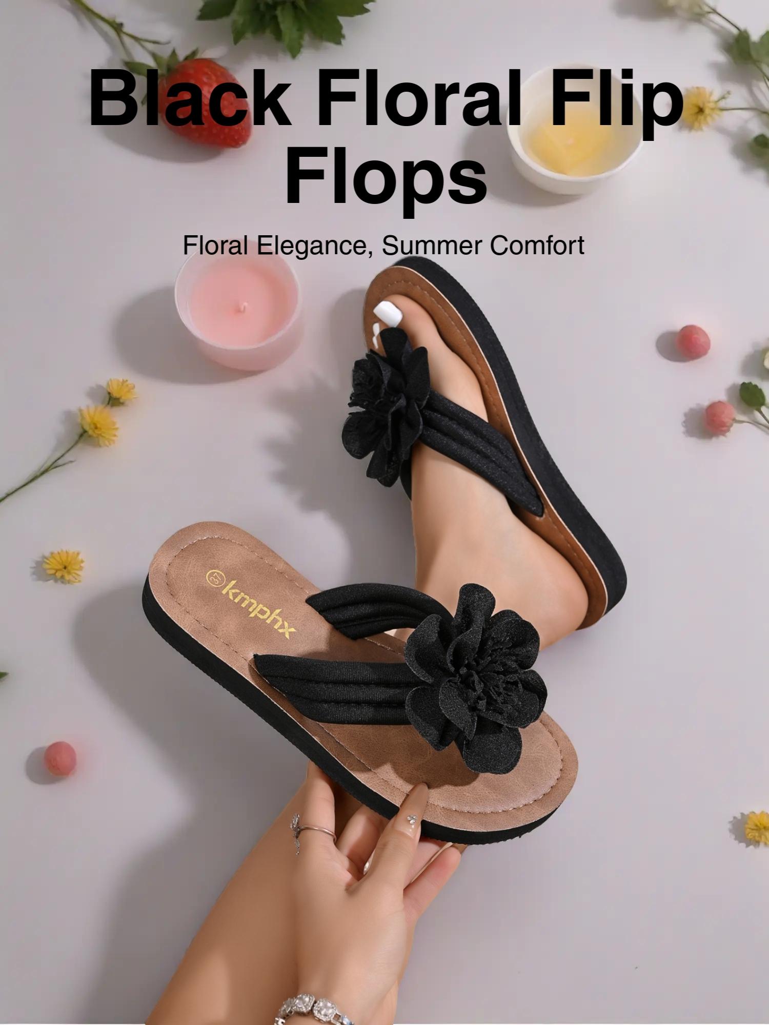 Women's Flower Flip Flops - Black Fabric Thong Sandals with Floral Embellishment