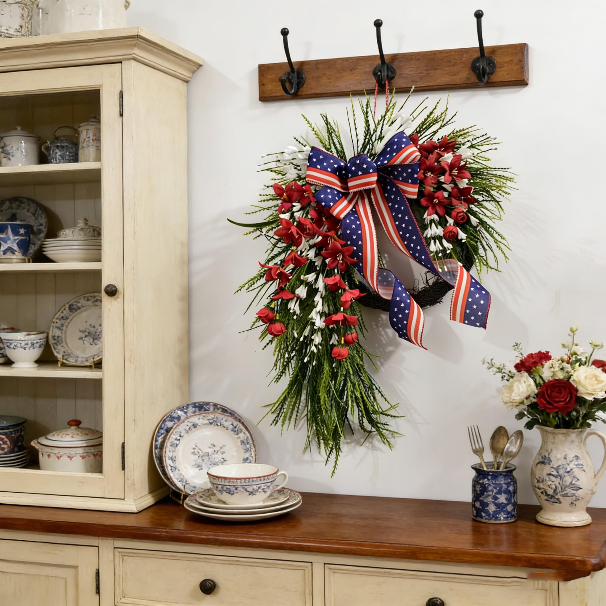 Elegant Patriotic Water Drop Wreath, Floral Accents, Star Spangled Bow, Memorial Day & Veterans Day Door Decor