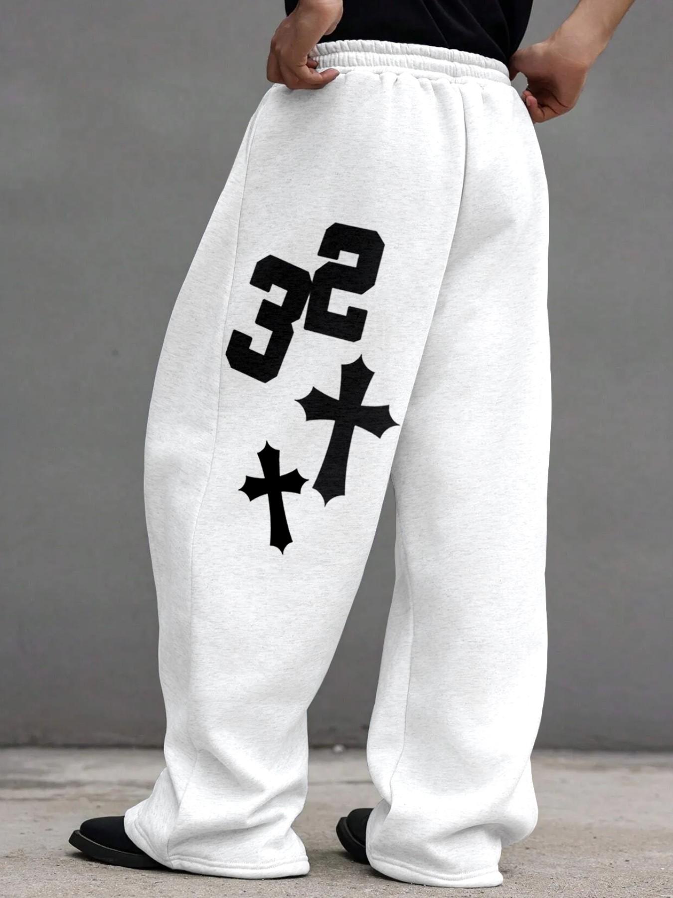 Men's Waist Drawstring Straight Leg Pants, Creative Number Cross Print, Comfortable Casual Daily Wear, Fall Winter Men's Pants