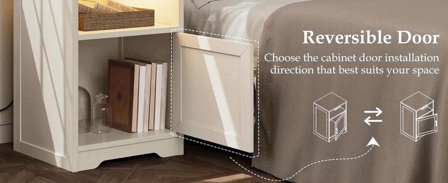 AODK 2-Pack Wood Rectangular Farmhouse Nightstands, Easy Assembly Bedroom Bedside Tables with USB+AC Outlet Charging Station, LED Lights, Cabinet & Storage Shelf End Tables
