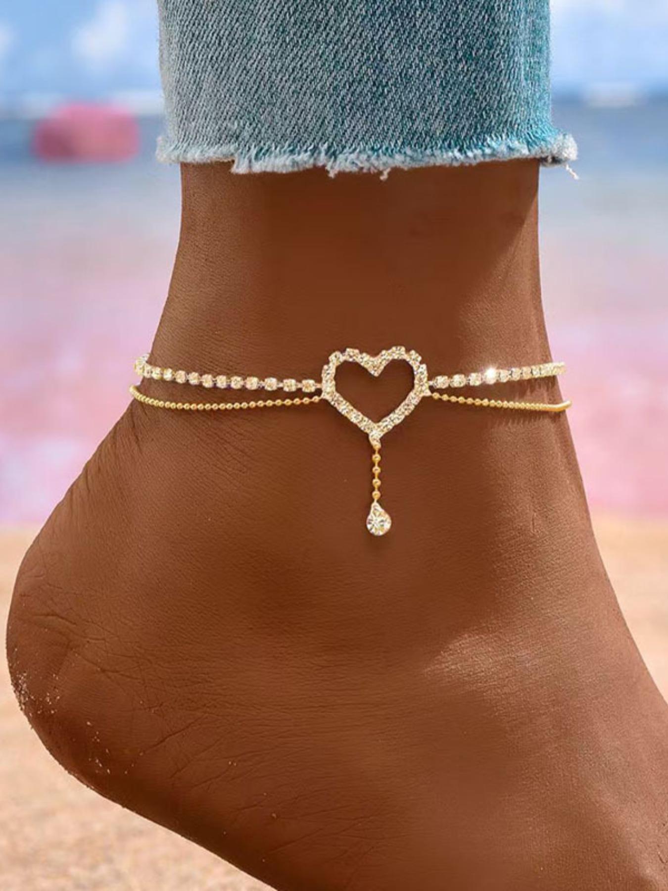 Viral Heart Anklet for Women, Sparkly Rhinestone Ankle Bracelet, Dainty Heart Charm Foot Jewelry, Gold/Silver Tennis Anklet, Trendy Layered Anklet, Perfect for Beach, Party & Date Night, 2026 Summer Must-Have