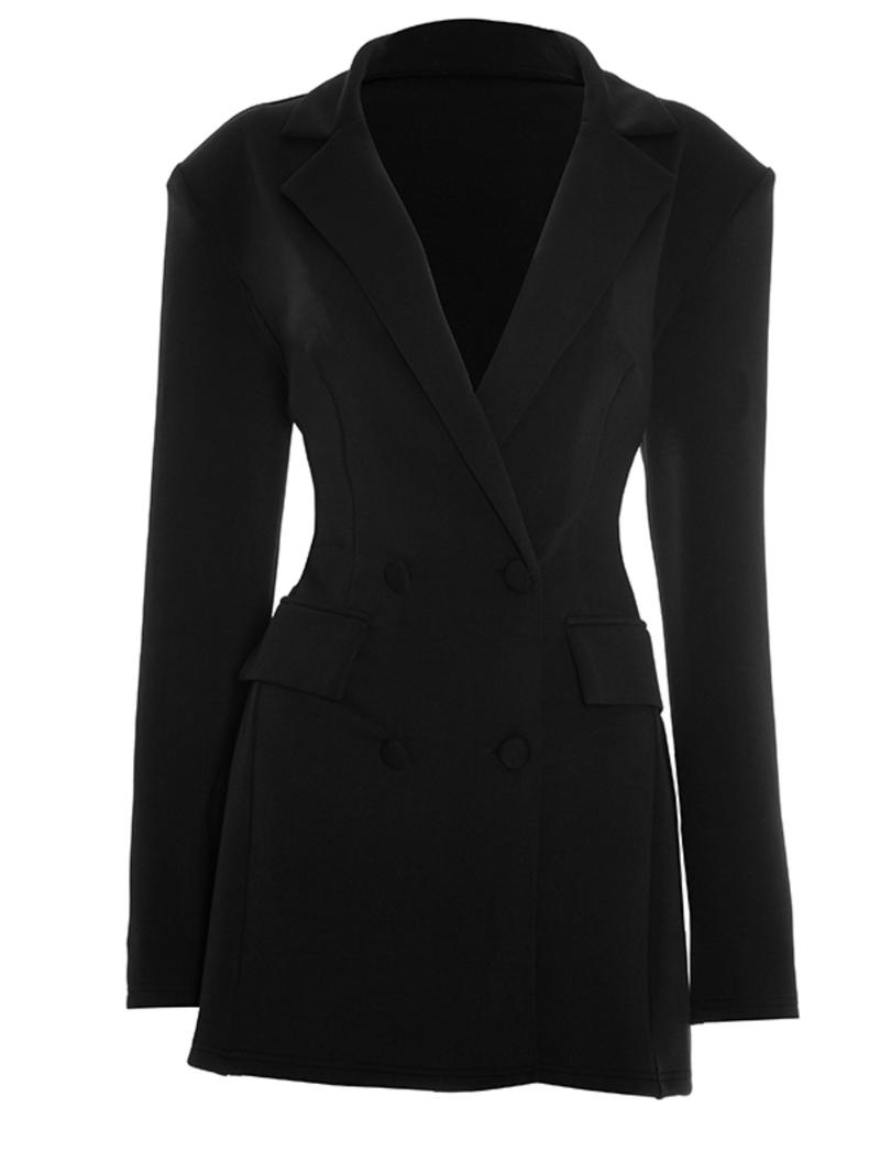 Women's Elegant Business Suit Dress, Deep V Neck Long Sleeve Ruffle Waist Cinched, Spring & Fall Office Wear, Plain Style