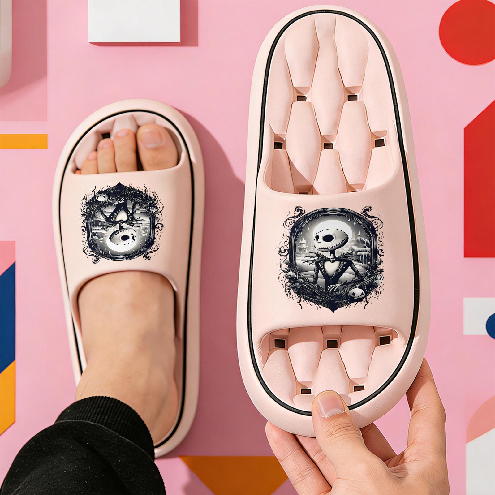 Halloween The Nightmare Before Christmas Jack Skellington Print Slippers Unisex Soft Sole Slides For Indoor And Outdoor Wear Halloween Party Cosplay Footwear Comfortable Non Slip Dark Style Casual Slipp