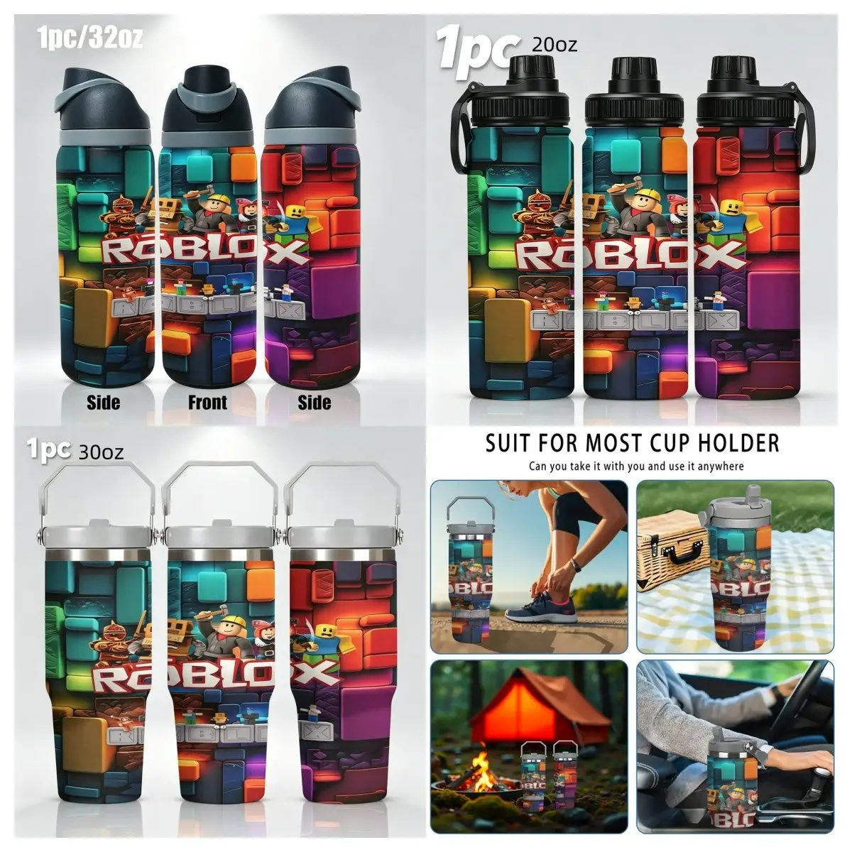 1pc 20oz Roblox Insulated Sports Water Bottle, Game Print Stainless Steel Travel Cup with Handle, 30oz Straw Lid Tumbler, 32oz Flip Lid Tumbler, Portable Insulated Tumbler