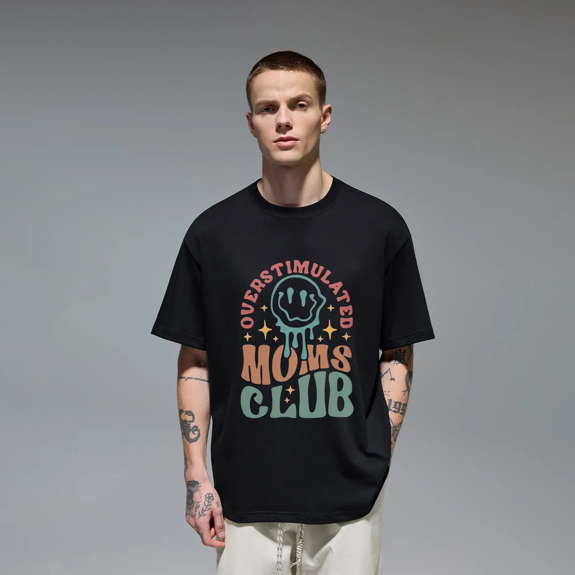 Overstimulated Moms Club Melting Smiley Face Original Oversized Cotton Graphic Tee T-Shirt for Men Gift Cutting Ideas Wife Mother's Day Exhausted Parent Humor Mental Health Awareness Retro Aesthetic Casual Everyday Wear Trendy Apparel Outfit Top