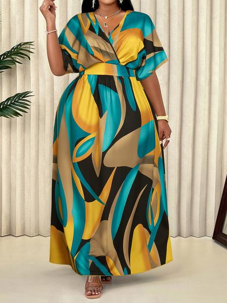 Elegant Sexy Women's Geometric Print Casual Dress Plus Size V Neck High Waist Wrap Dress, Fitted Woven Fabric, All Seasons Fashion