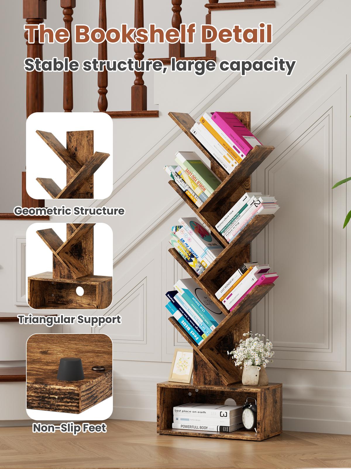 Flycity Bookshelf with Drawer,6 Tiers Tree Bookshelf, Modern Book Storage Organizer,Free Standing Tree Bookcase, Utility Organizer Shelves for Home,Office,Living Room,Bedroom Corner Computer Desk Adjustable Height Desk