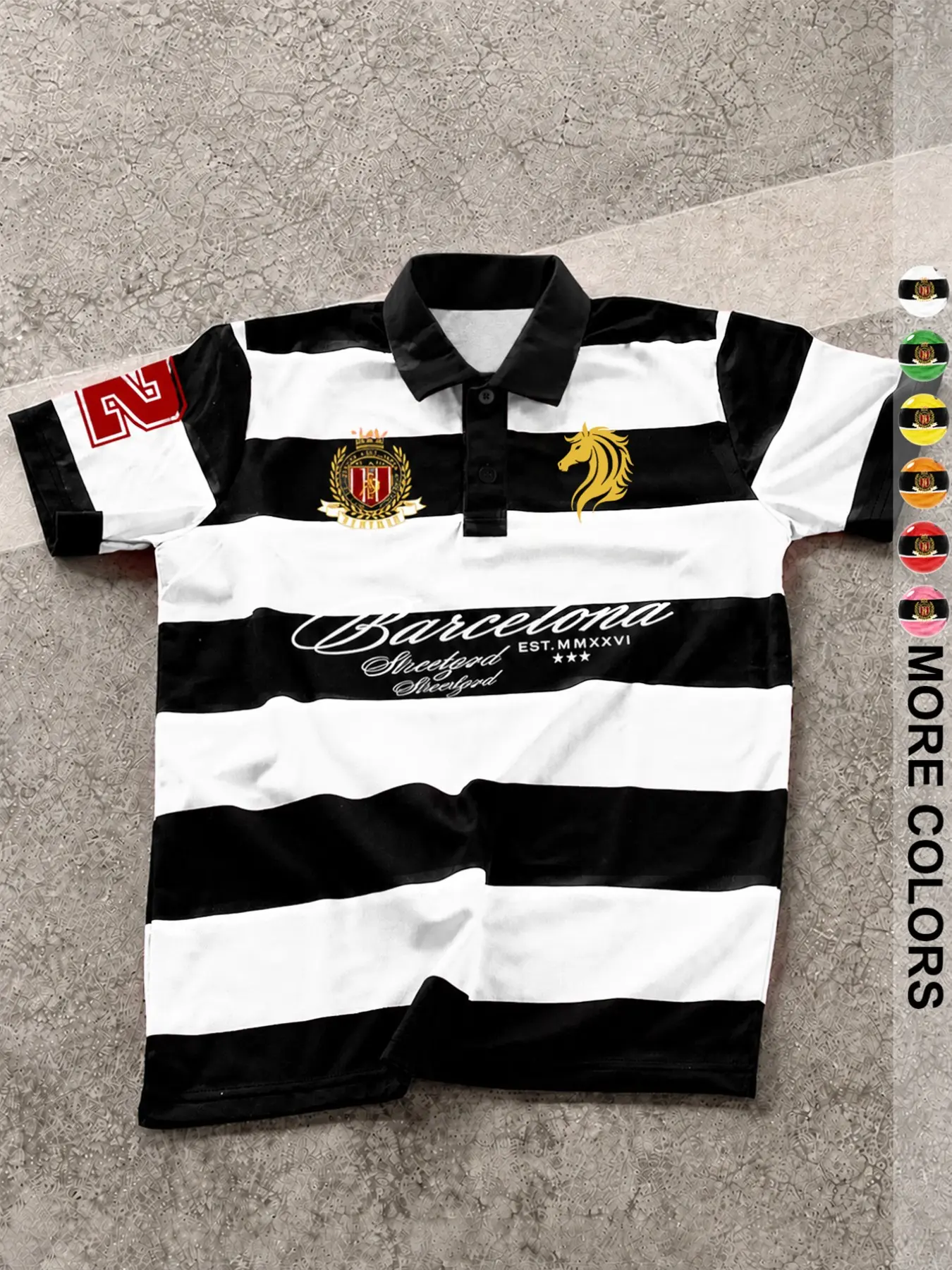 American Vintage College Style Striped Polo Shirt, Wheat Ears Shield Emblem Print, Loose Fit Casual Short Sleeve, All Seasons Sporty Top
