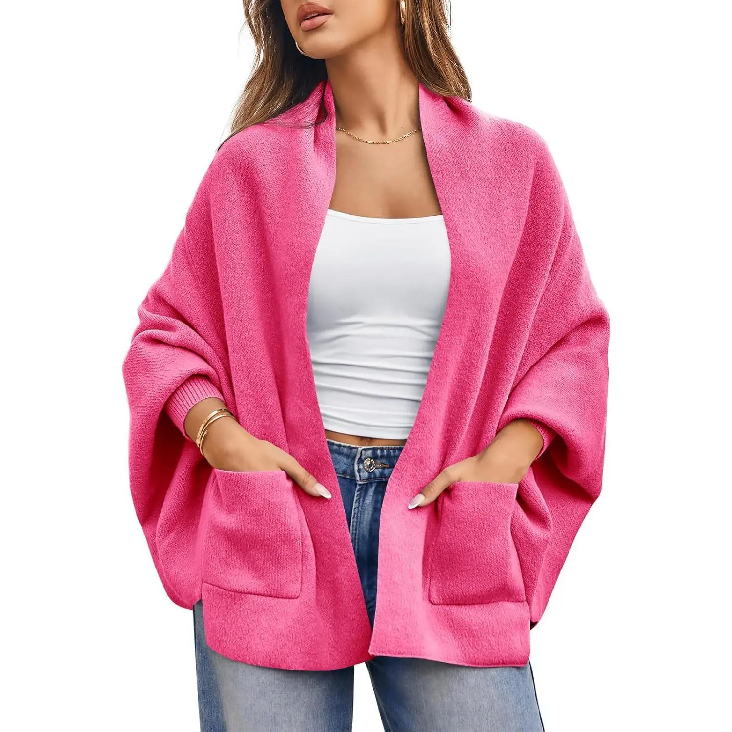 Imily Bela Womens Open Front Cardigan Batwing Long Sleeve Shawl Chunky Knit Loose Fall Poncho Sweater Coats
