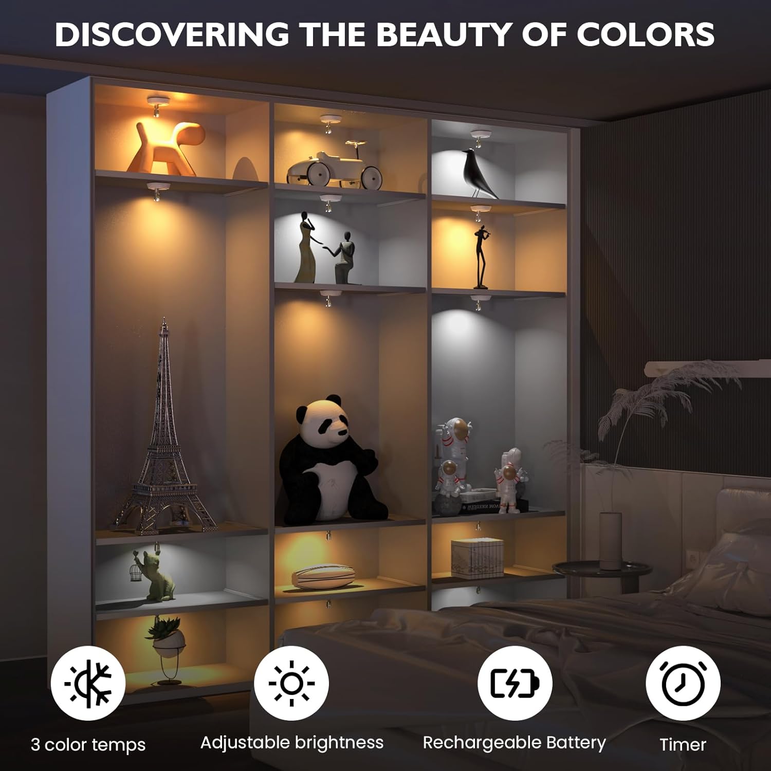 LED Wireless Spotlight with Remote Control, Rechargeable Indoor Light, Adjustable Color Temperature, Timer, Suitable for Cabinets and Wall Lights, LED Mood Light