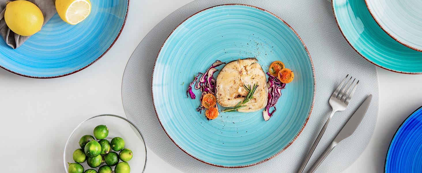 Vancasso Bonita Ocean-Inspired Ceramic Dinner Plate Set - 6 Unique Shades of Blue, 10.5" Plates, Microwave & Dishwasher Modern Porcelain Dinnerware Plateset