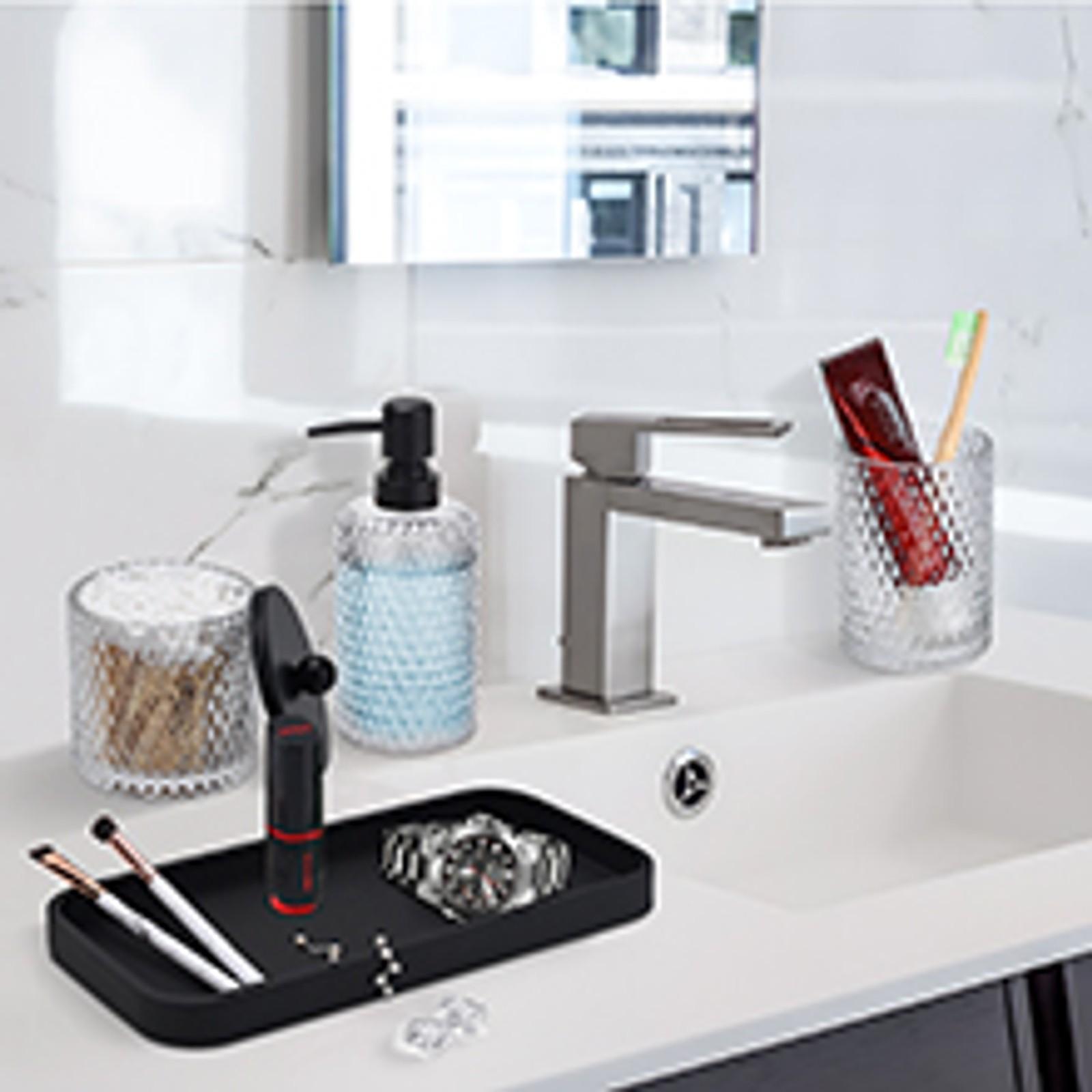Bathroom Accessory Set,4 Pcs Clear Glass Bathroom Accessories Set-Lotion Soap Dispenser,Toothbrush Holder,Qtip Holder Dispenser & Resin Vanity Tray,Countertop Vanity Organizer,Crystal Clear